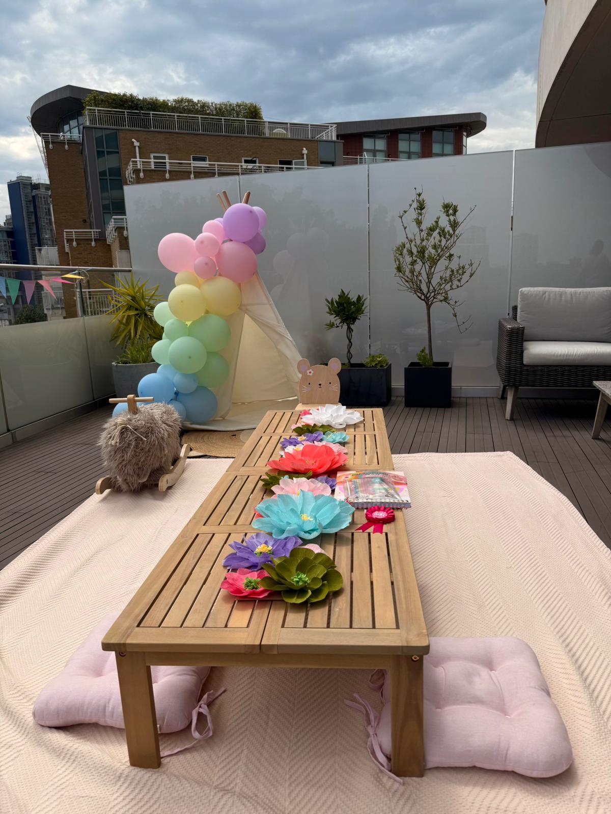 Wooden low picnic tables 