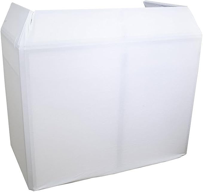 Foldable dj booth stand with white and black lycra scrim covers and carry bag