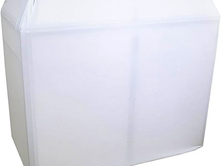 Foldable dj booth stand with white and black lycra scrim covers and carry bag