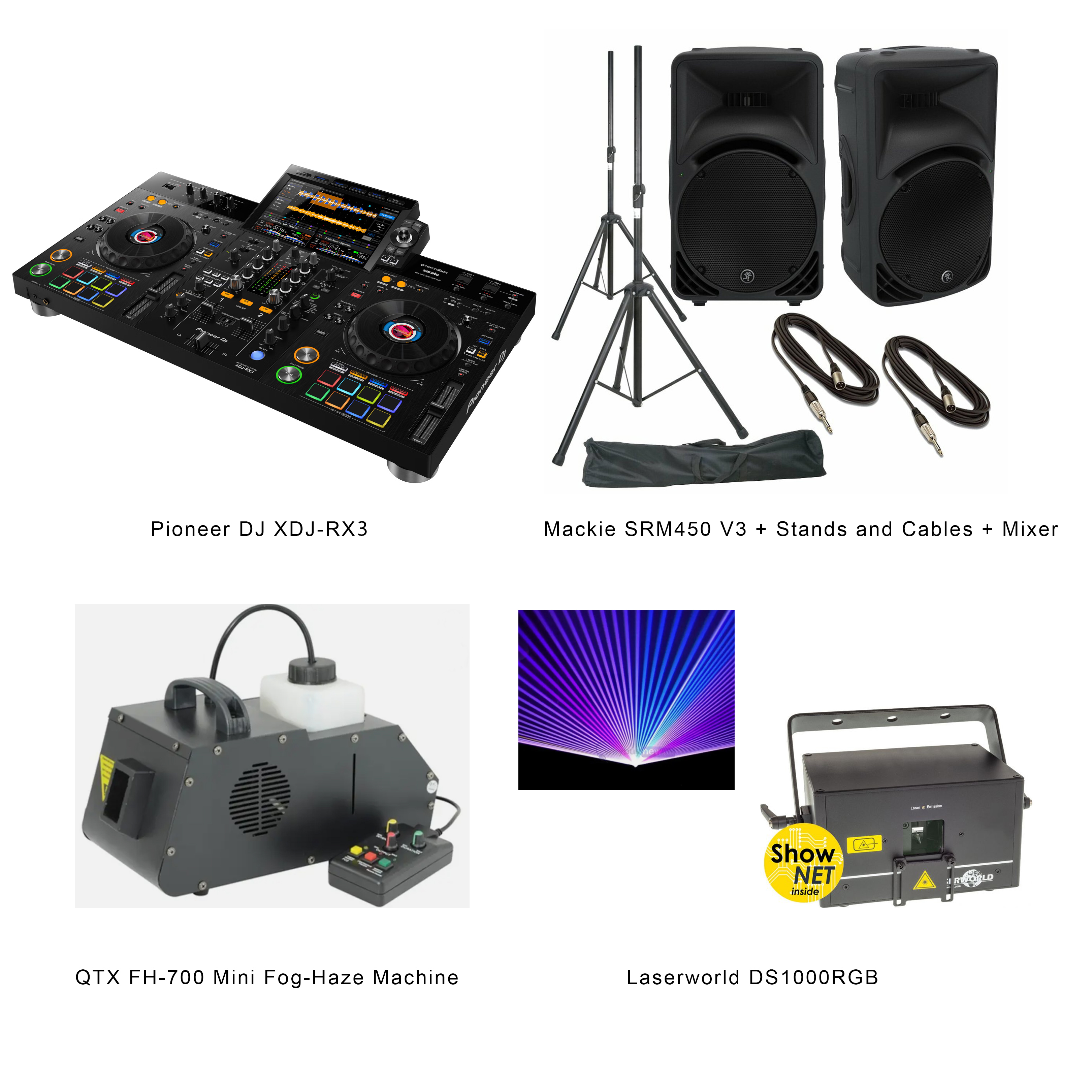 Pioneer xdj rx3 dj decks + 2 x mackie srm 450 v3 2000w speakers + stands + leads + laser + smoke