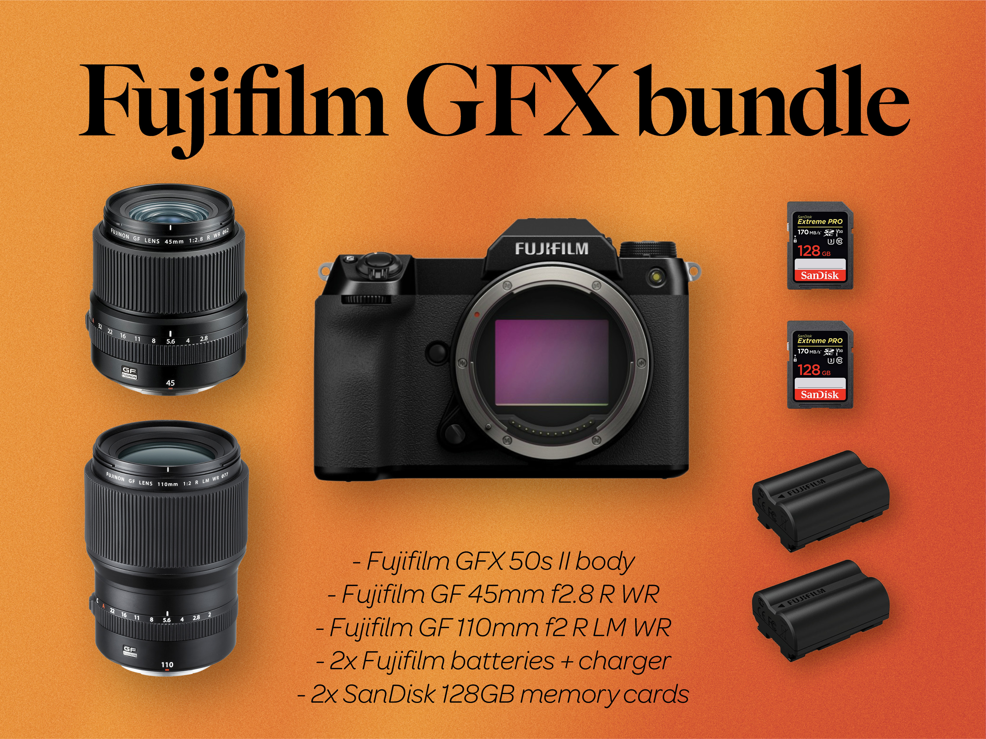 Fuji fujifilm gfx 50s ii + gf 45mm f2.8 + gf 110mm f2 lens