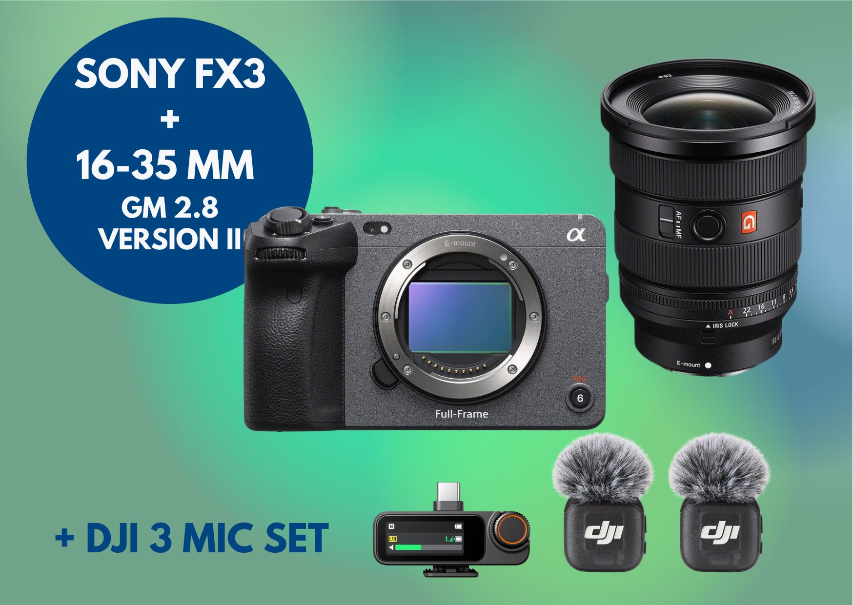 Sony fx3 camera + 16-35mm gmaster f2.8 g version ii + dji mic 3 wireless
