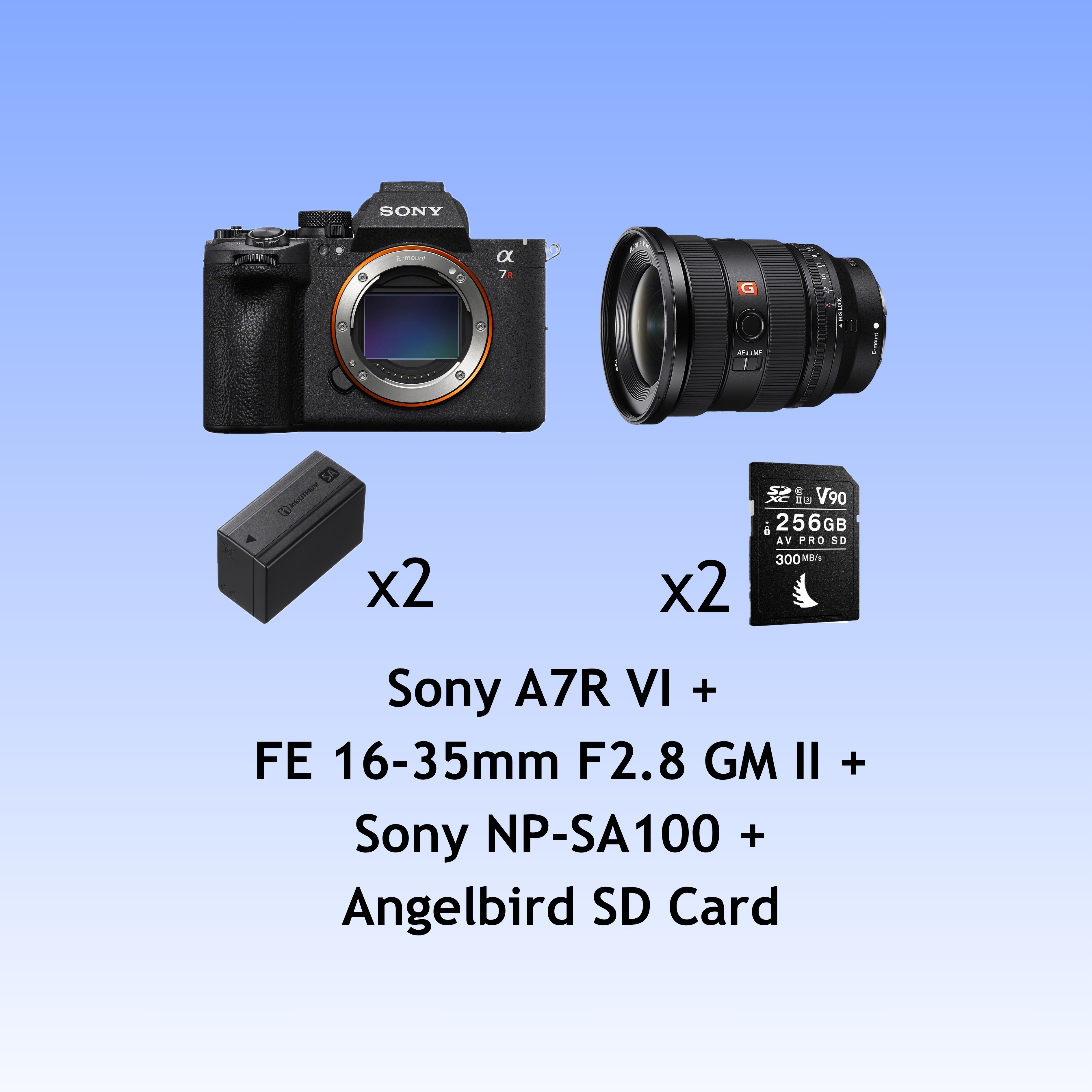 Sony a7r vi body + fe 16-35mm f2.8 gm ii + 2× sony np-sa100 batteries + 2×