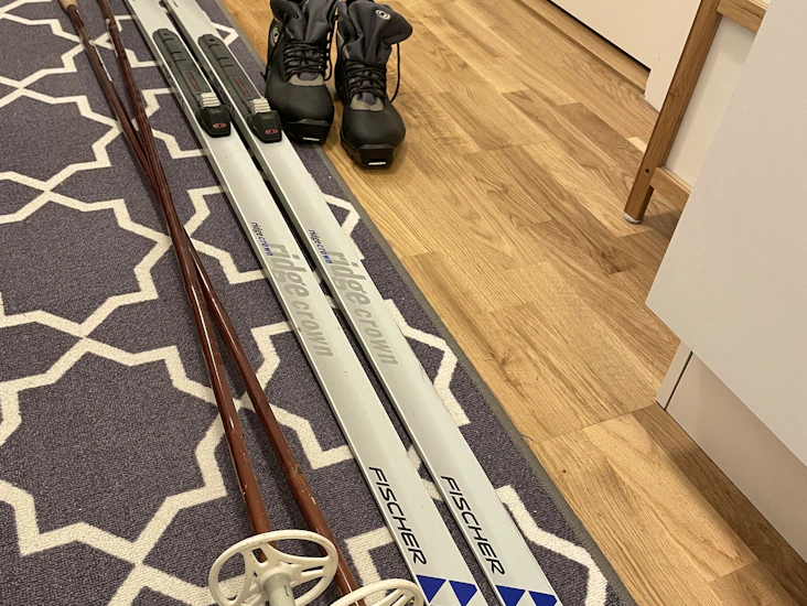 Längskidor med pjäxor stl 44 samt stavar.