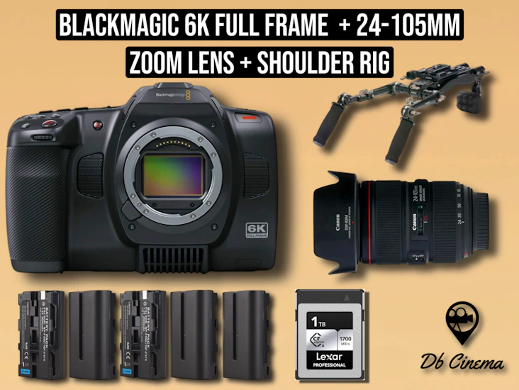 Bmpcc 6k full frame blackmagic 6k cinema camera + 1tb ssd + 24-105mm f4 lens + batteries + tilta shoulder rig