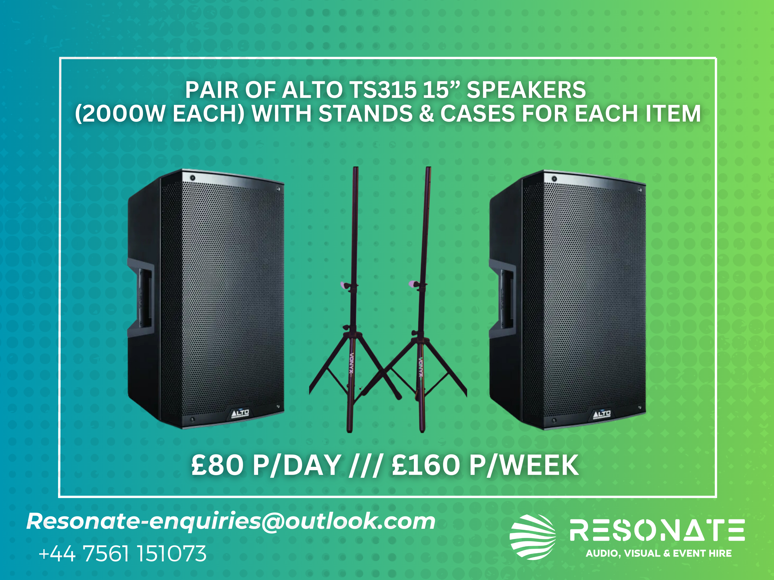 Pair of alto ts315 15” speakers  (2000w each) with stands & cases for each item