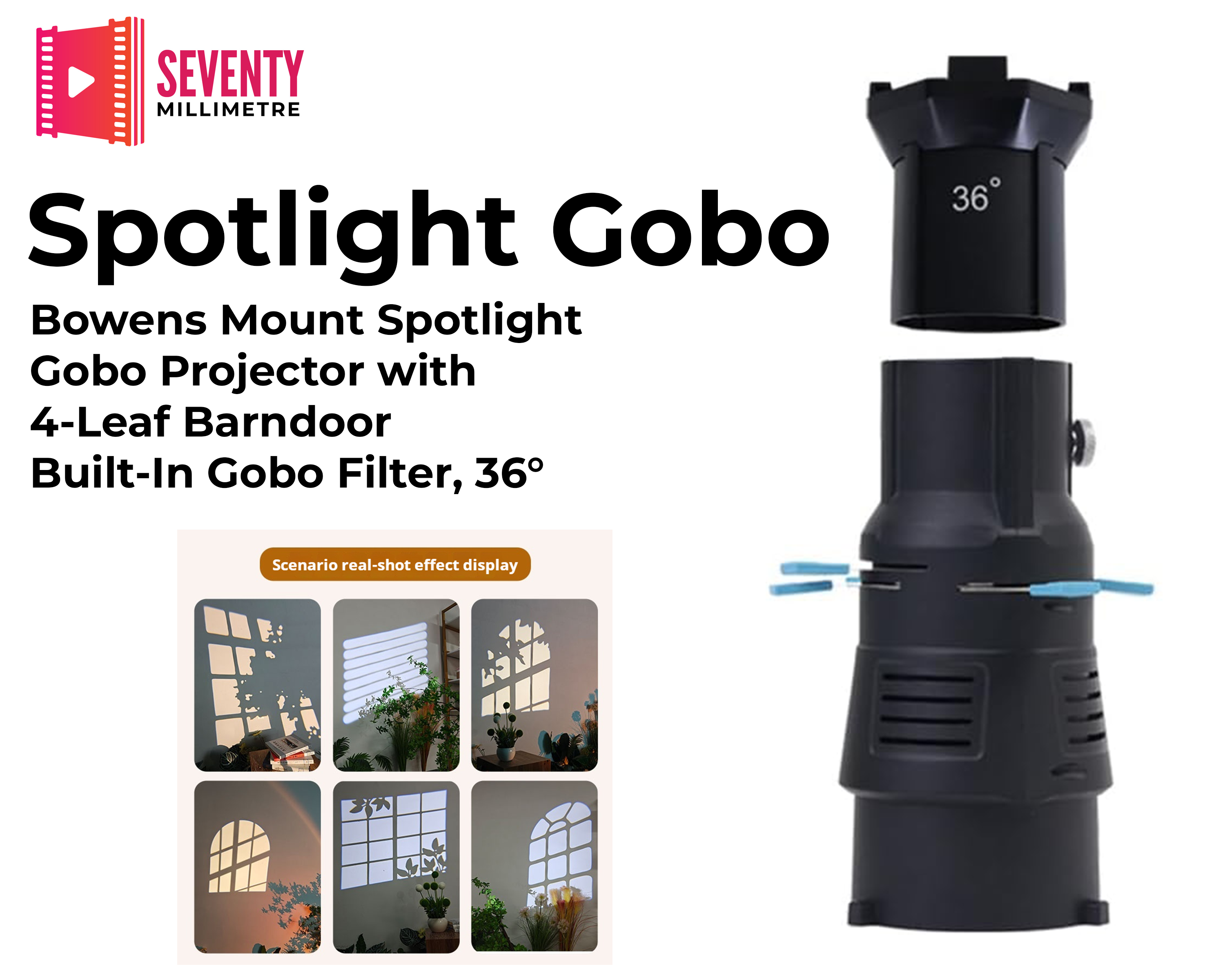 Bowens mount spotlight gobo projector with 4-leaf barndoor - built-in gobo