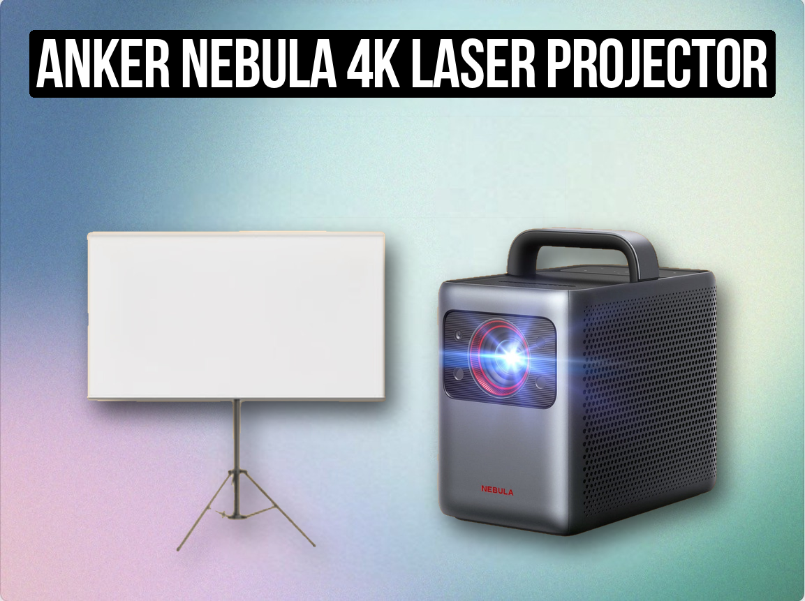 Anker nebula 4k laser projector + projection screen | portable battery powered smart cinema projector with white backdrop (like “nebula cosmos / capsule max”)