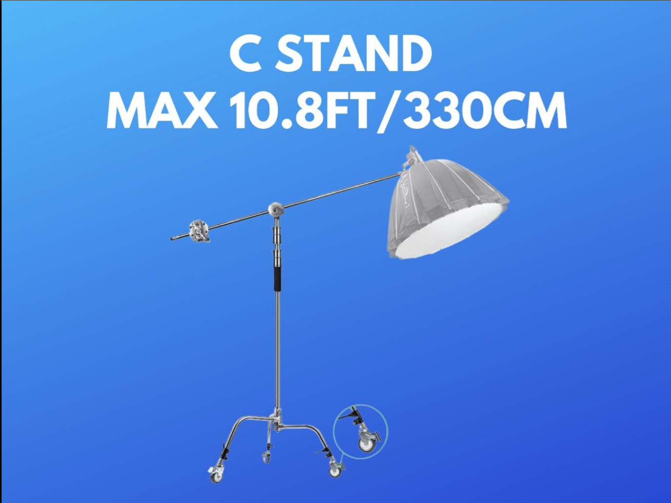 C stand metal with bag wheel max 330cm, 106cm holding arm