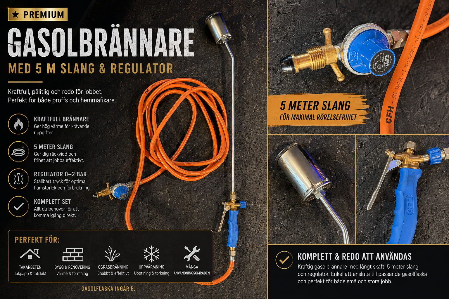 🔥 gasolbrännare / takbrännare med 5 m slang & regulator