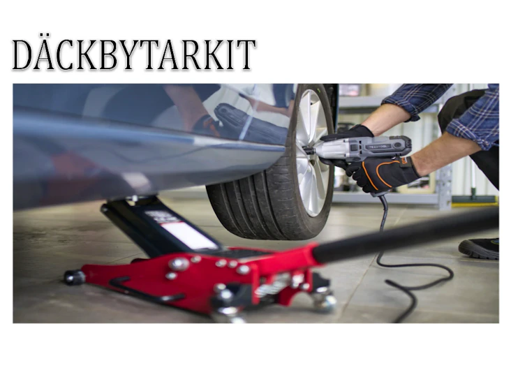 Däckbytarkit med domkraft, pallbockar & mutterdragare med hylsor.