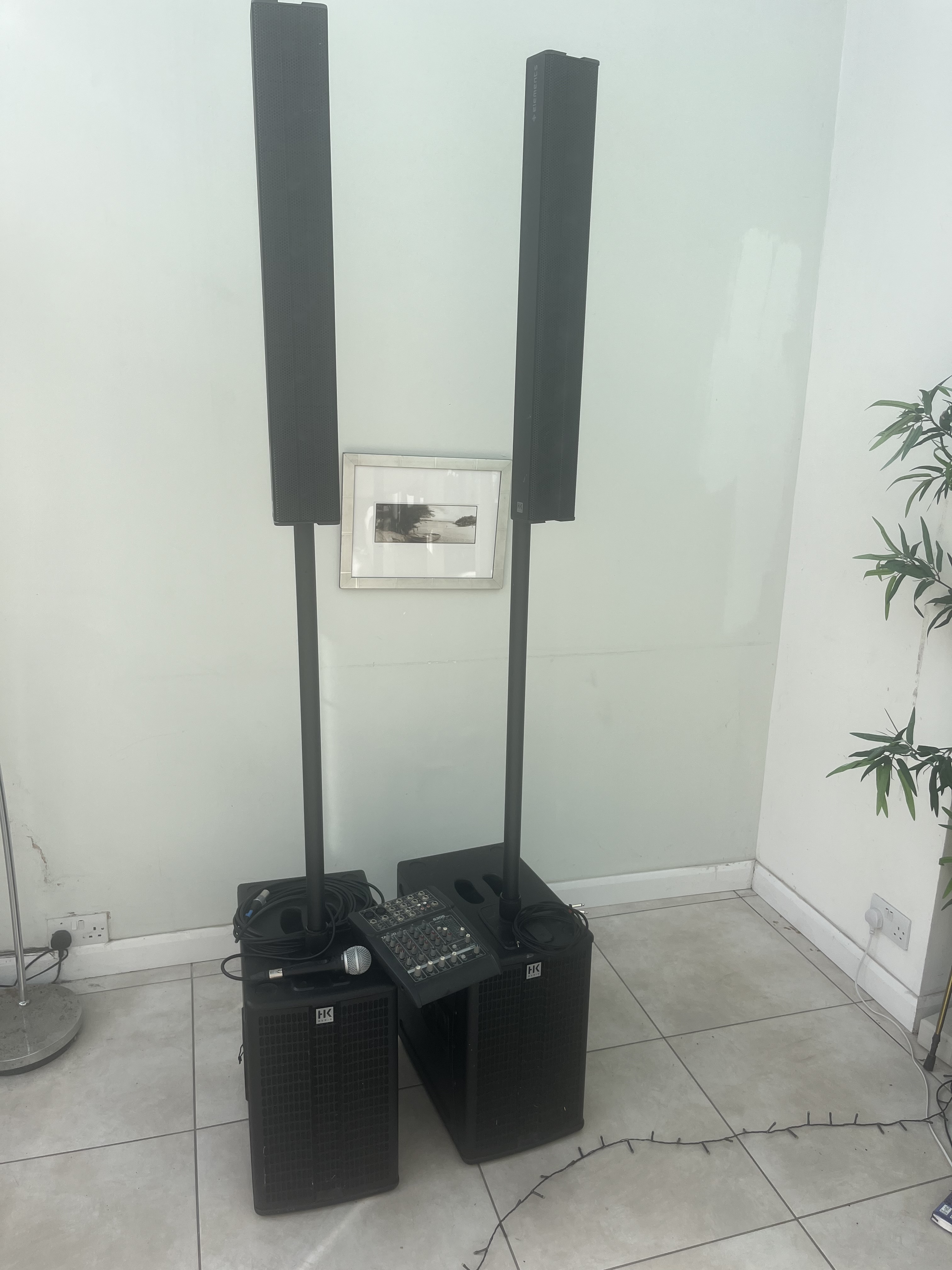 P.a. package - active speakers plus desk + microphone and cables