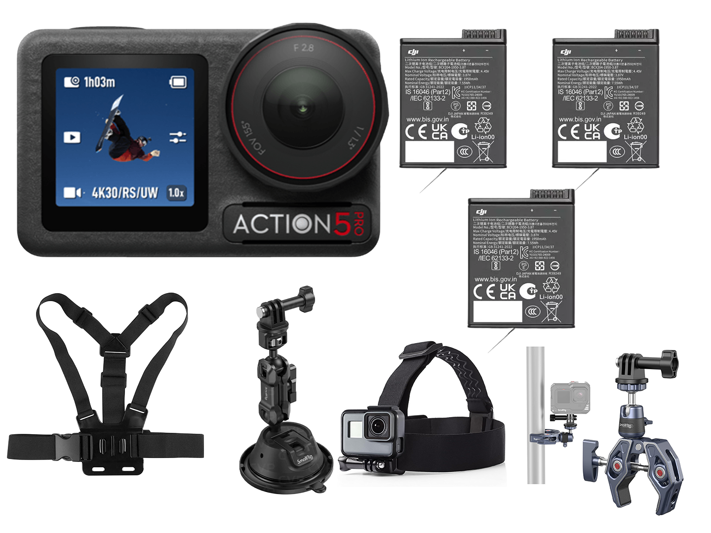 Dji action 5 pro + 4 mounting accessories bundle