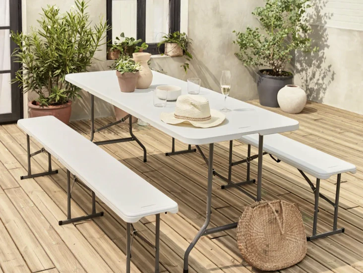 3 trestle tables & 6 folding benches