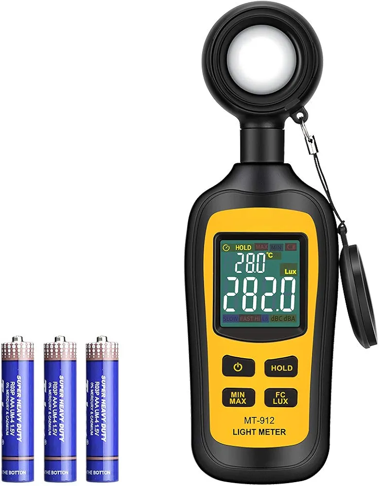 Handheld digital light meter ambient temperature measurer with range up to 200,000 lux with 4 digit color lcd screen (black)