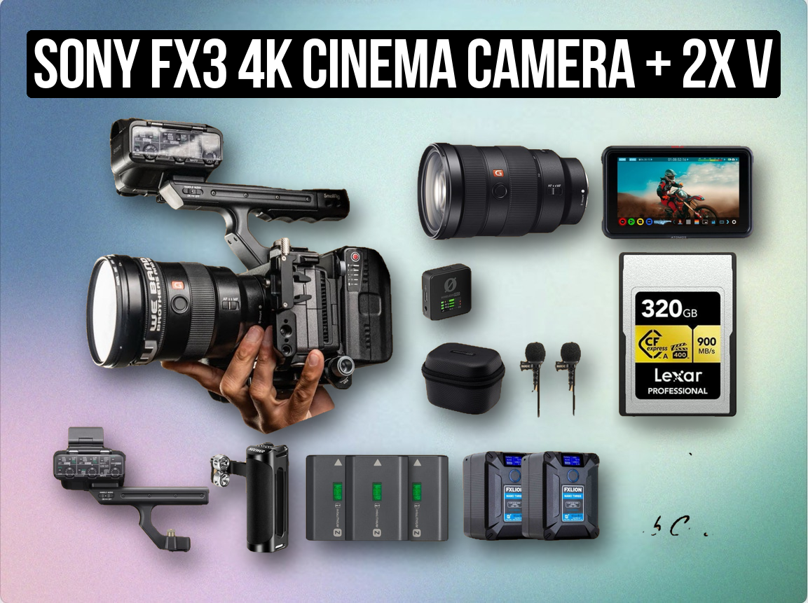 Sony fx3 4k cinema camera + 2x v mounts + monitor + 1tb ssd + mic pro + g master zoom + wireless mics pro