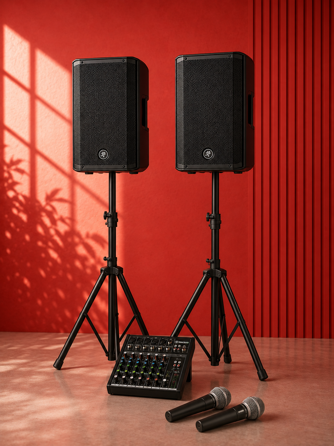 2x mackie 450 + 2x shure sm58 + 8 ch mixer