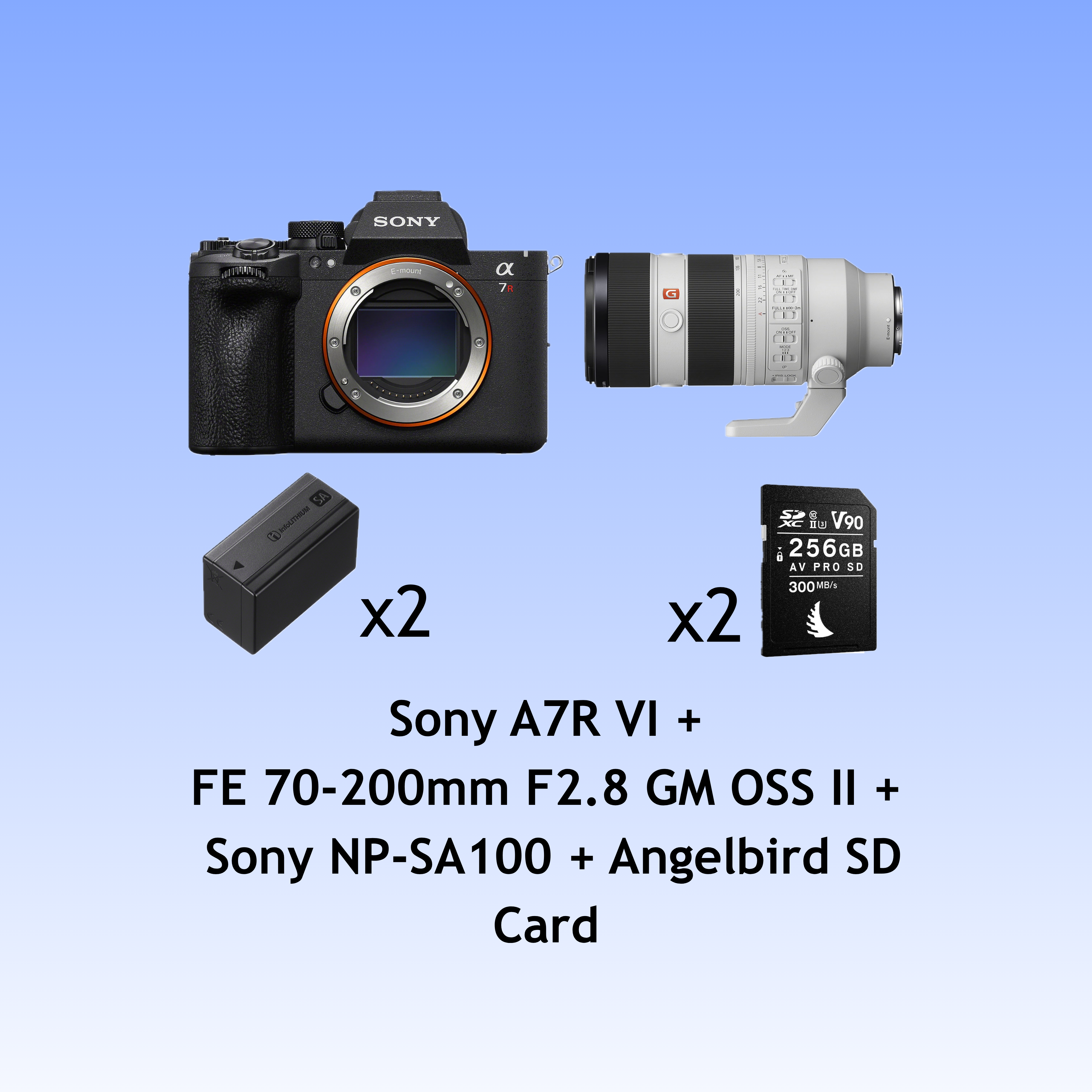 Sony a7r vi body + fe 70-200mm f2.8 gm oss ii + 2× sony np-sa100 batteries + 2×