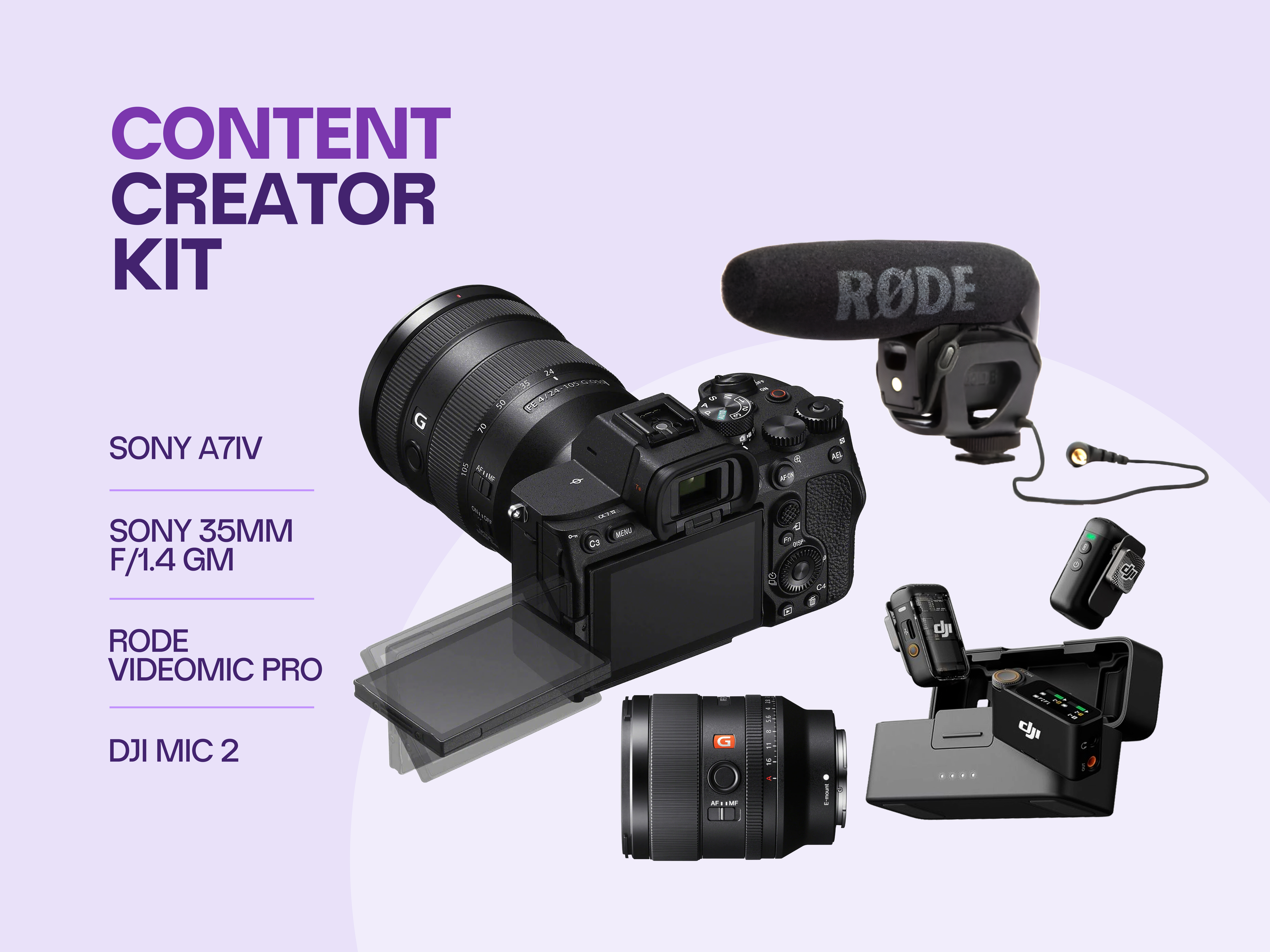 Content creator kit -  sony a7iv + sony 35mm f/1.4 gm lens + rode videomic pro +