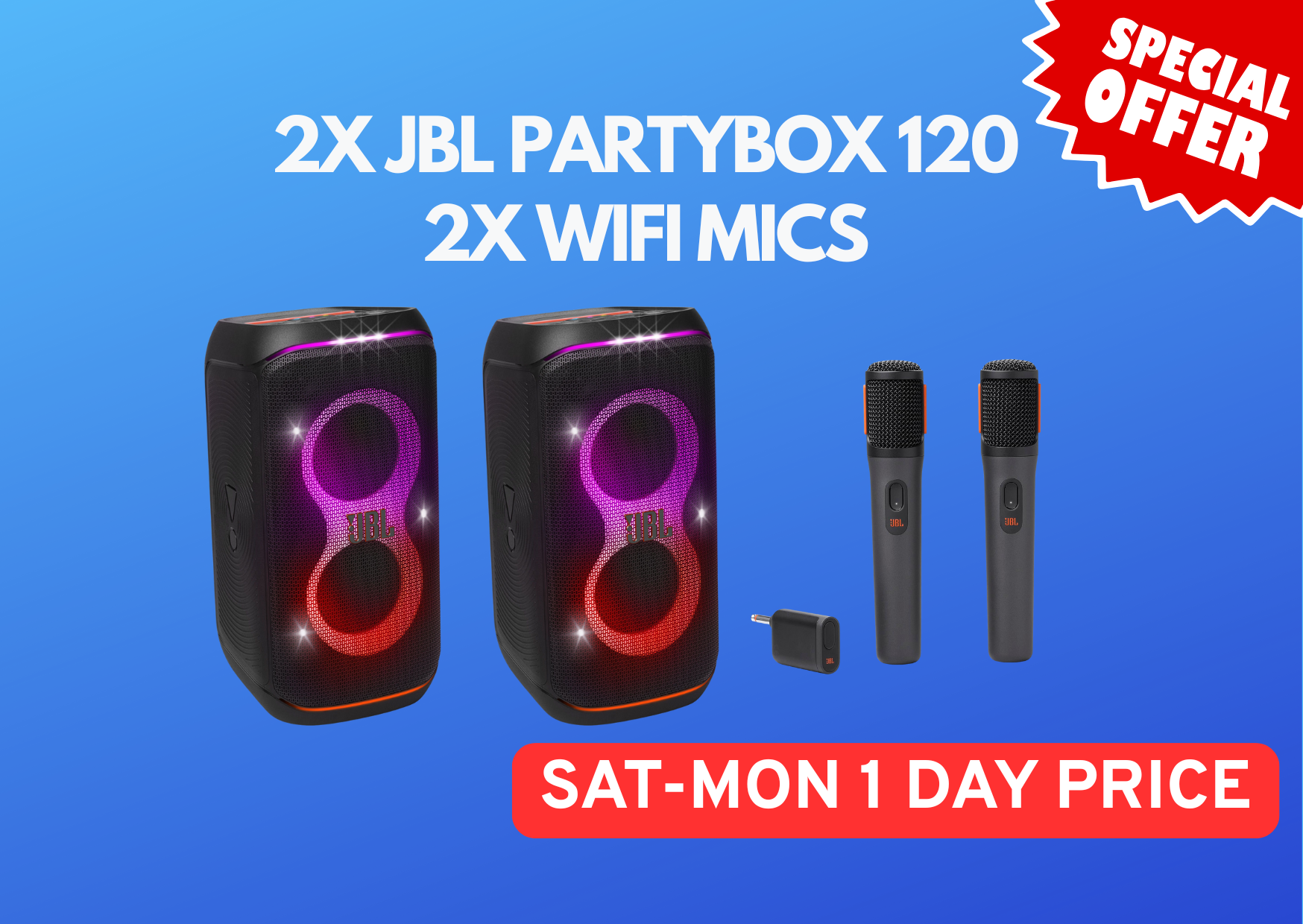 2x wireless microphones + 2x speaker jbl partybox club 120 
