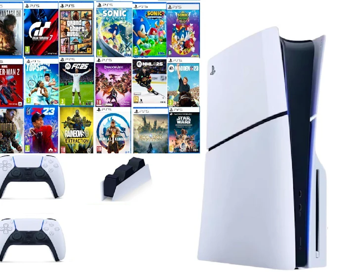 Playstation slim med 2 kontroller och laddningstation