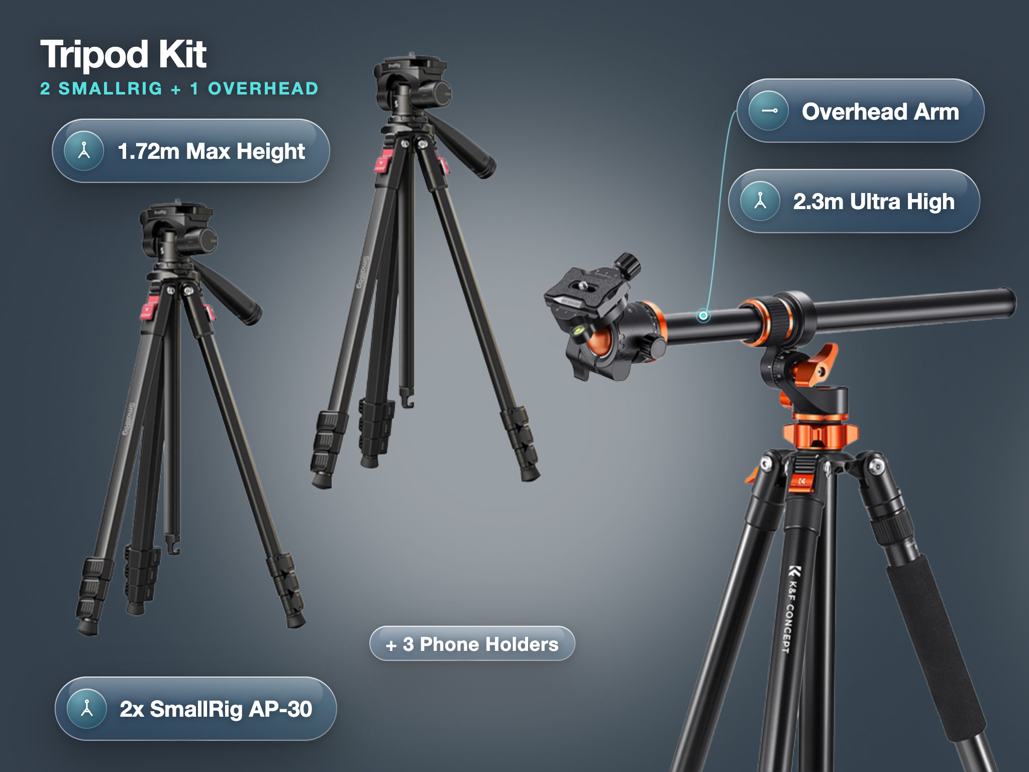 Tripod kit: 2x smallrig ap-30 + 1x overhead tripod and 3 phone holders