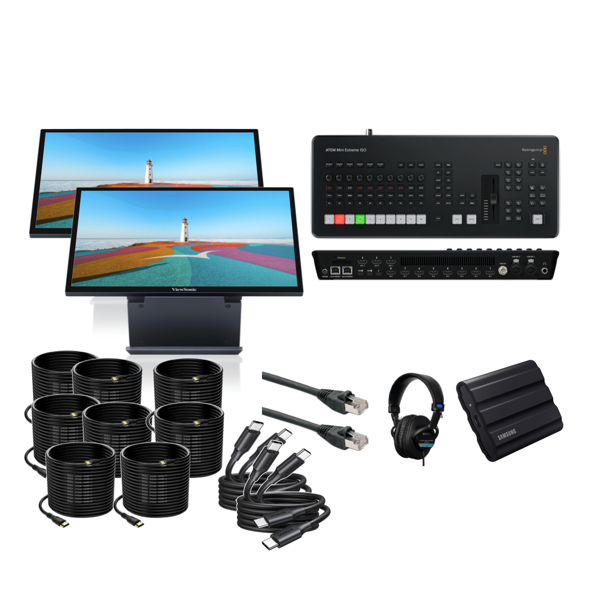 Atem mini extreme iso g2  + 2 monitor ( 8 channel hdmi video switcher ) for live streaming and podcast