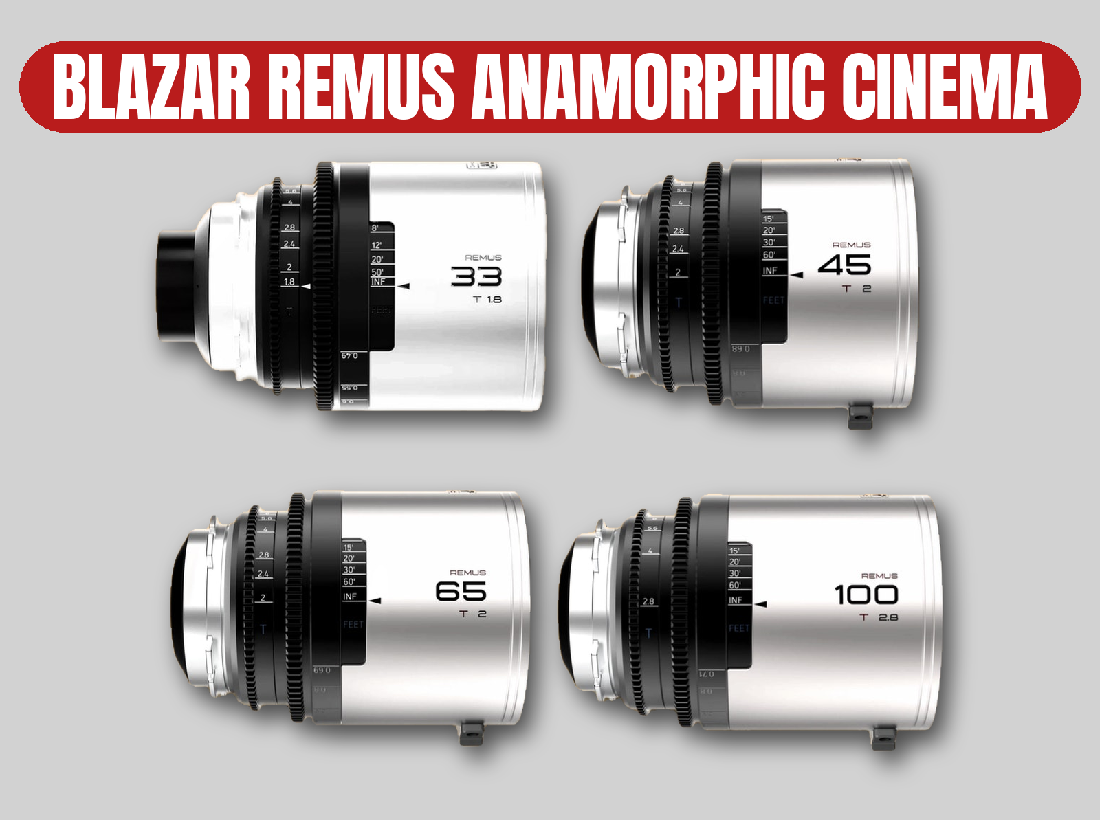 Blazar remus anamorphic cinema prime lens set (4x) | full frame, silver flare, pl/ef/e/x/l/rf mounts, canon/sony/arri pl compatible