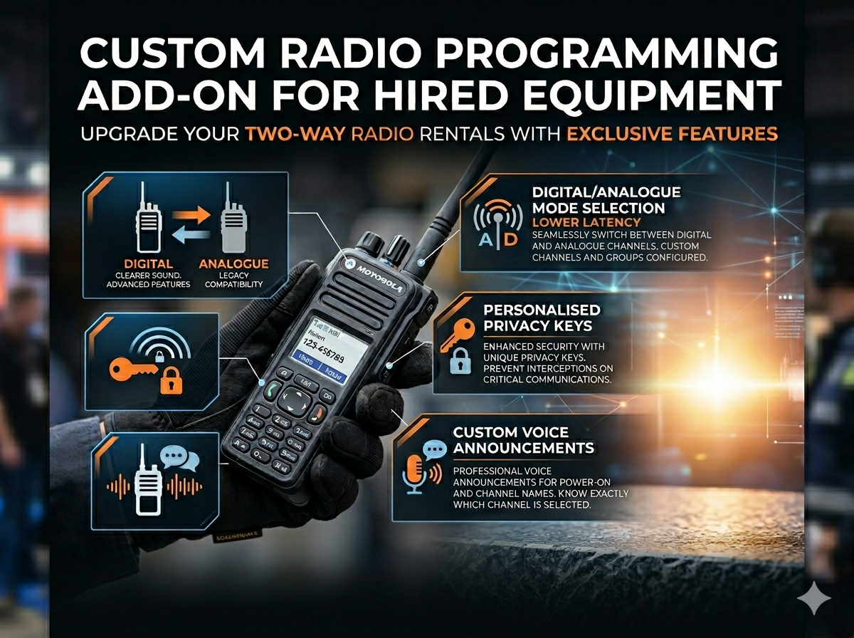 (rental add-on) custom radio programming - voice announcements, analogue/digital, encryption enabled