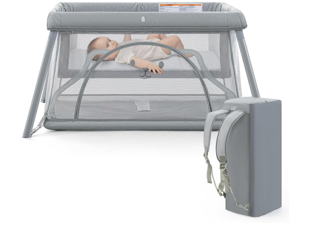 Travel crib,portable crib for baby, pack and play for babies and toddler, lightweight backpack design,foldable travel baby playpen with mattress(light grey)