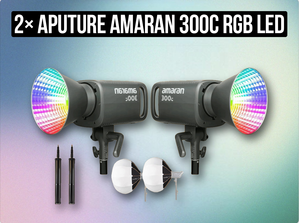 2× aputure amaran 300c rgb led lights | rgbww colour studio lighting kit with 2× lantern soft light modifiers, 2× light stands & power supplies (like “aputure 300d / 300c”)