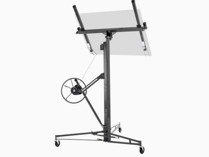 Gipspladelift/panellift 68 kg, højde 180-470 cm, sammenklappelig med 3 bremsehjul og 60° hældning