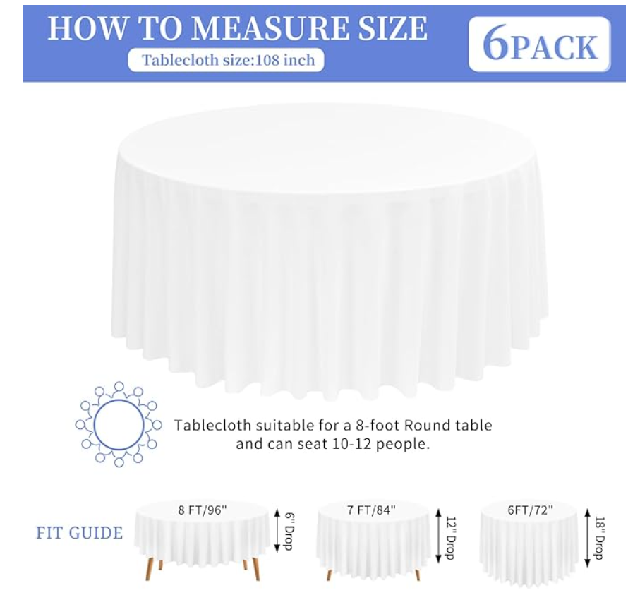 X12 white round tablecloth - 108 inch, white polyester table cloths for round table,