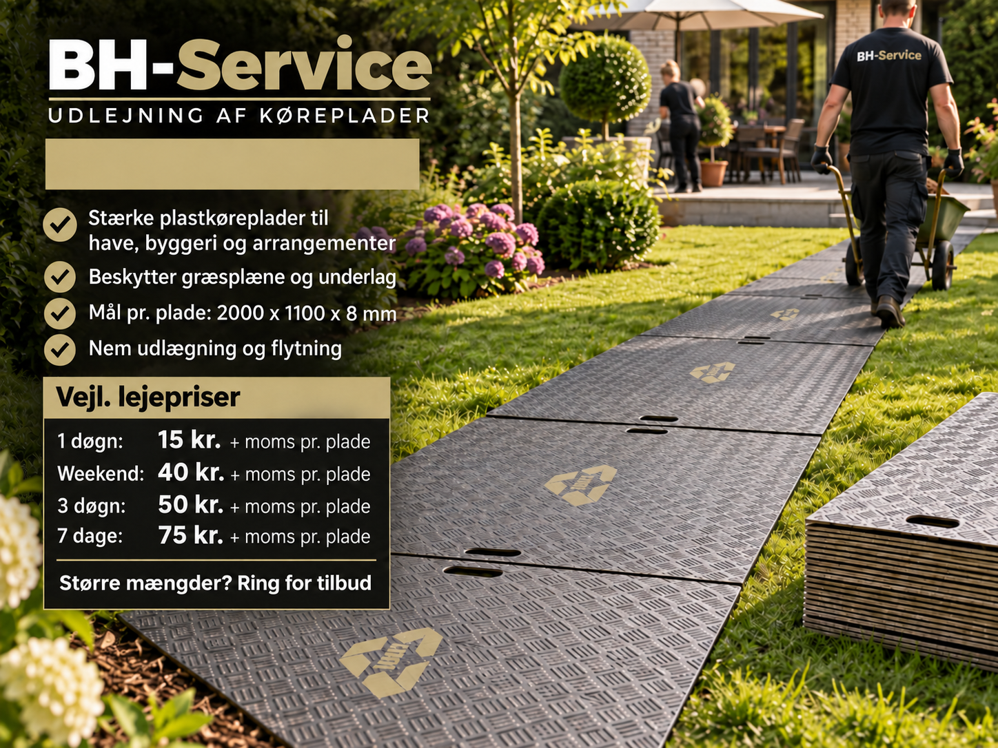 Køreplader i plast 2000x1100x8mm udlejes 