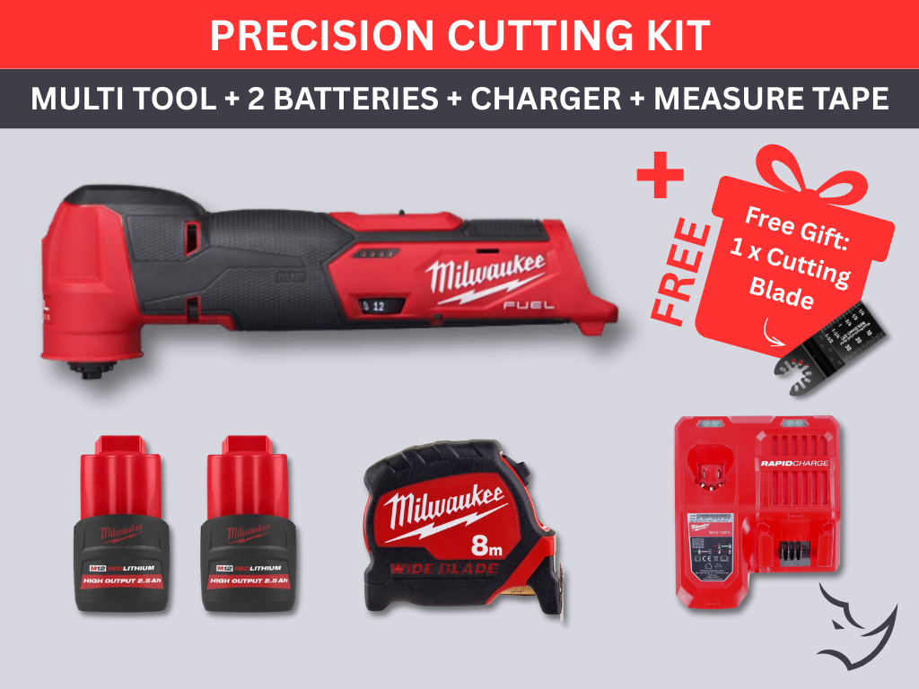 Milwaukee multi tool + 2 batteries + charger + measure tape, precision cutting kit, set