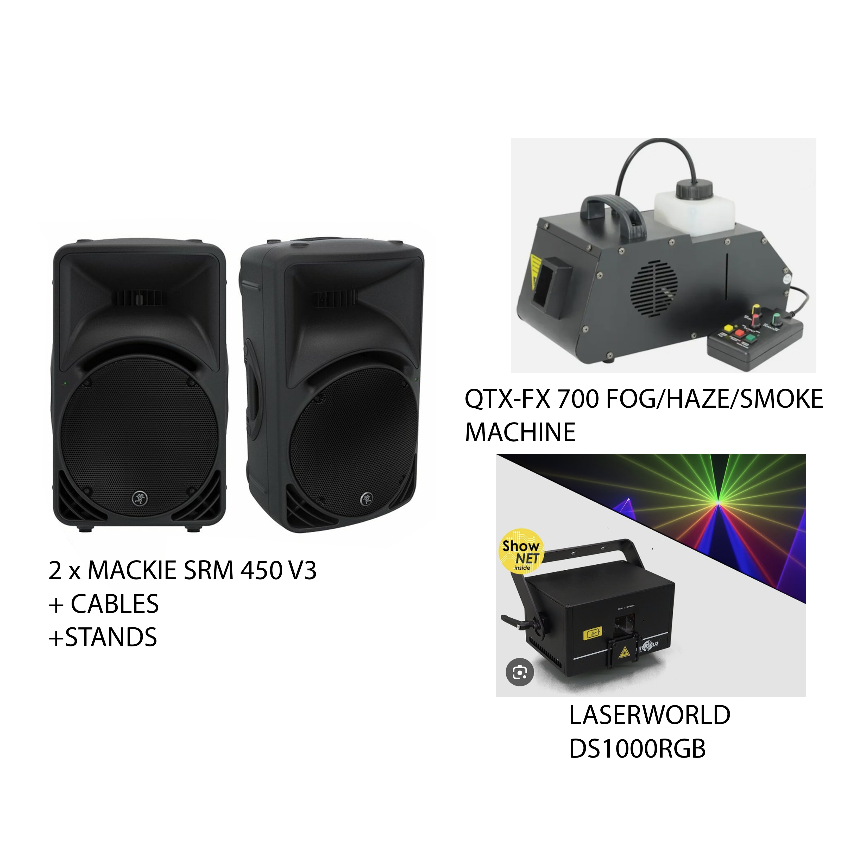 2 x mackie srm450v3 speakers 2000w + qtx-fx 700 fog/haze/smoke machine + laserworld ds1000rgb