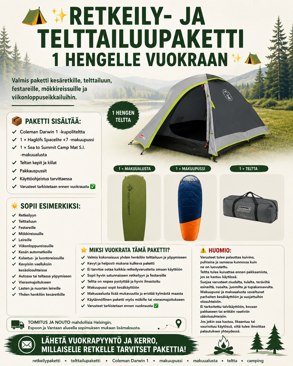 🏕️✨ retkeily- ja telttailupaketti 1 hengelle vuokraan ✨🏕️