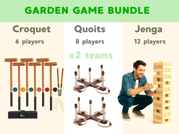 Garden game bundle, party garden games - 3 group games - giant jenga - quits x2 sets for teams play - croquet