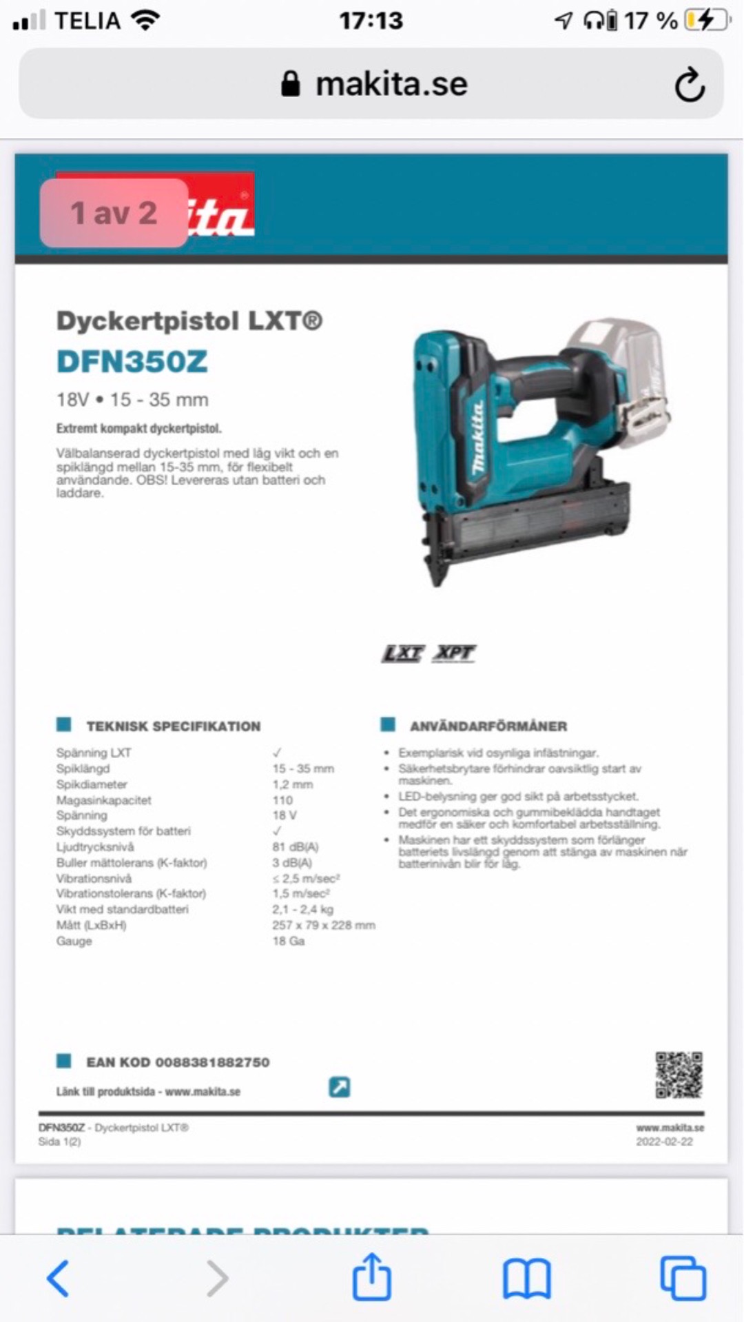Makita dyckertpistol dfn350 18v