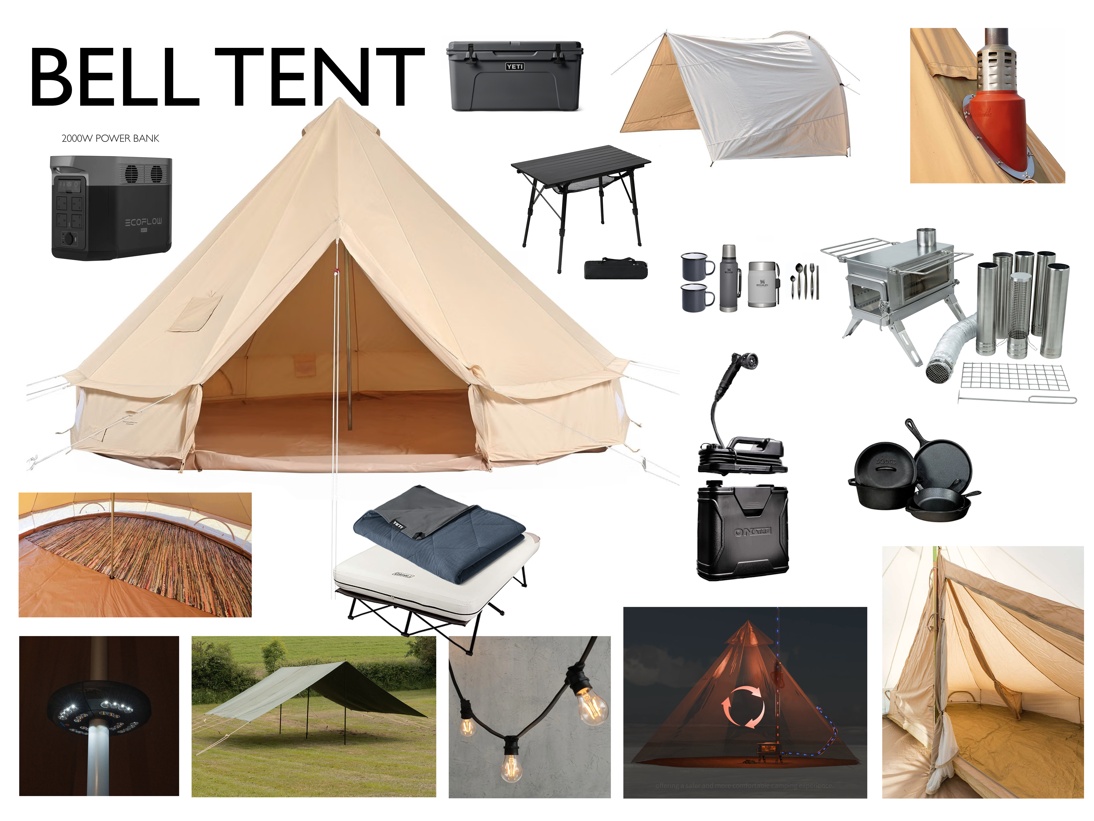 Bell tent 5m authentic - running water- power, furniture - custom 
