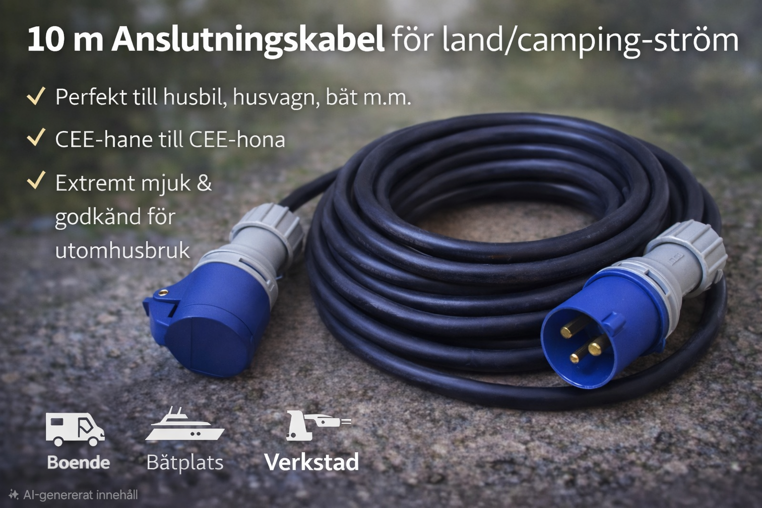 10 m anslutningskabel cee – camping / husbil / husvagn / båt