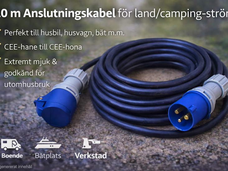10 m anslutningskabel cee – camping / husbil / husvagn / båt