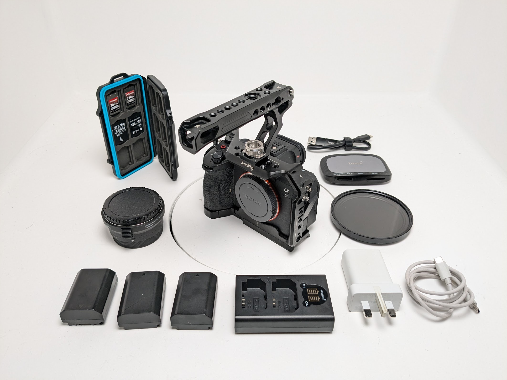 Sony a7iv camera + mc11 adapter, cards and batteries
