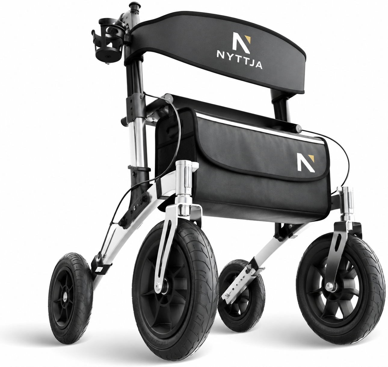 Lättkörd kvalitetsrollator med stora hjul, lätt vikt, fällbar