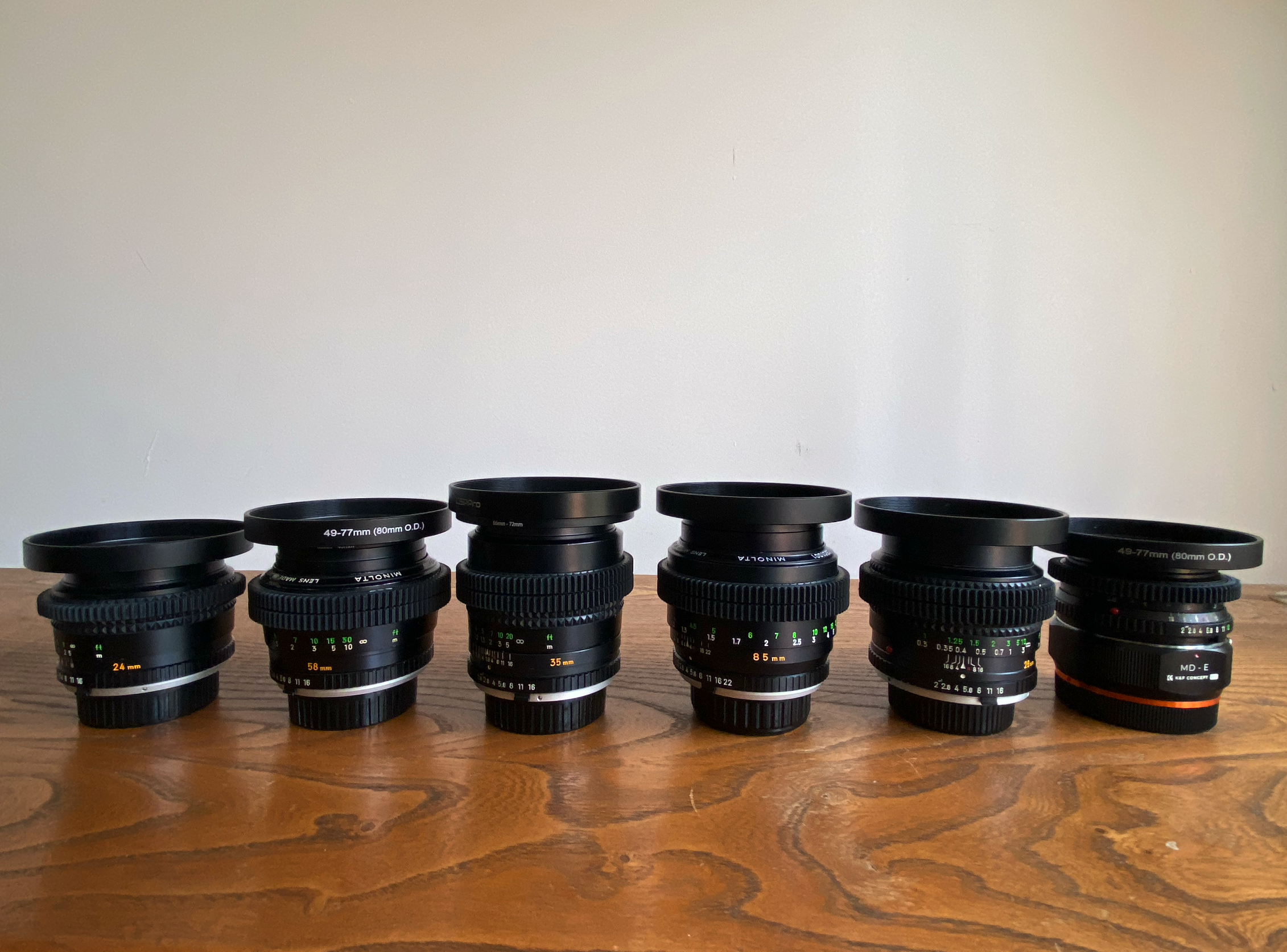 Vintage prime lens set minolta rokkor mc's. cine modded. free evening pickup
