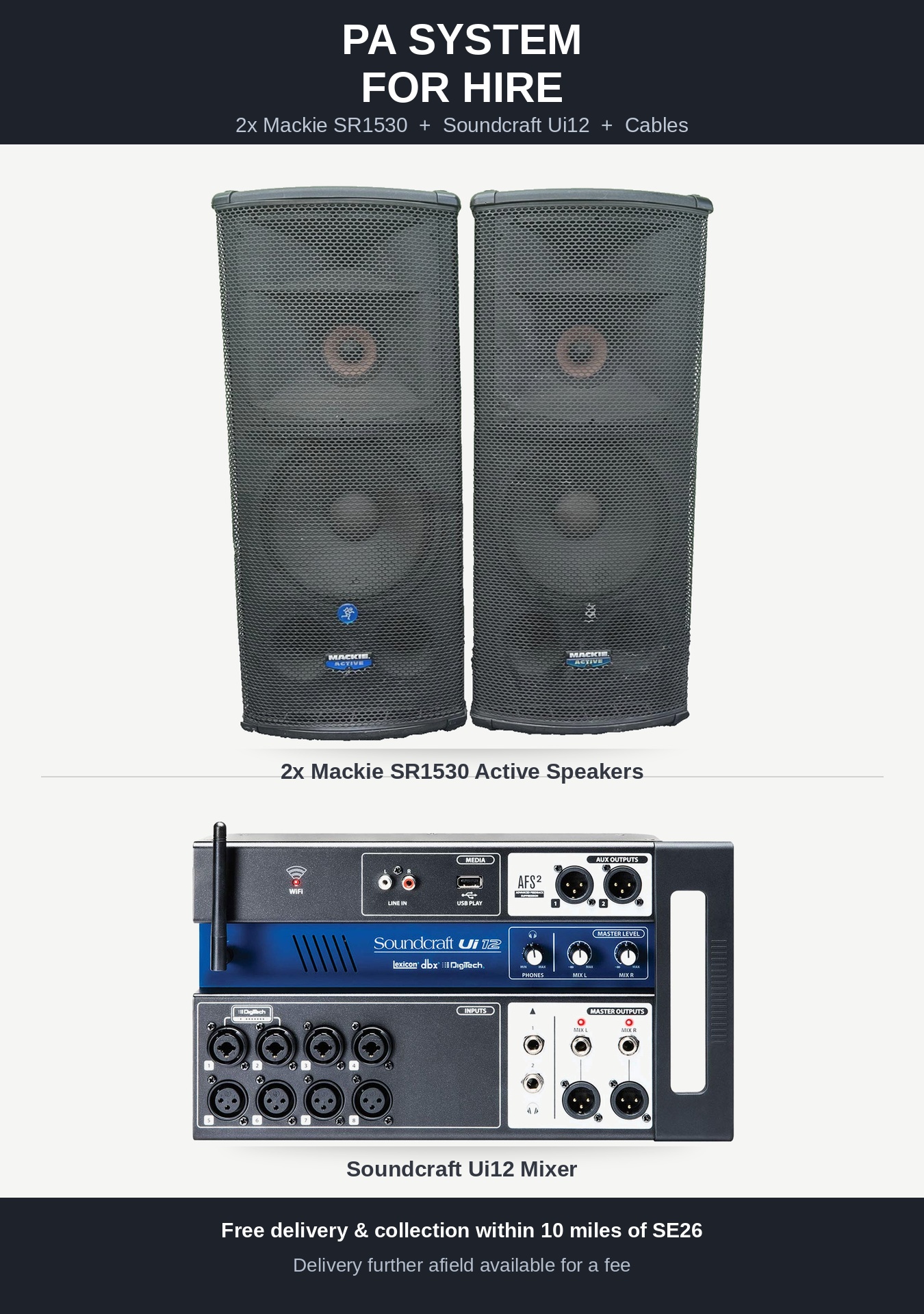 Pa system for hire — mackie sr1530 active speakers & soundcraft ui12 digital