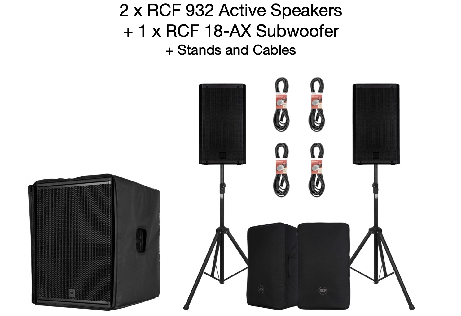 2 x rcf 932 12 inch speakers + 1 x rcf sub 18-ac 18 inch subwoofer bundle + speaker stands & cables