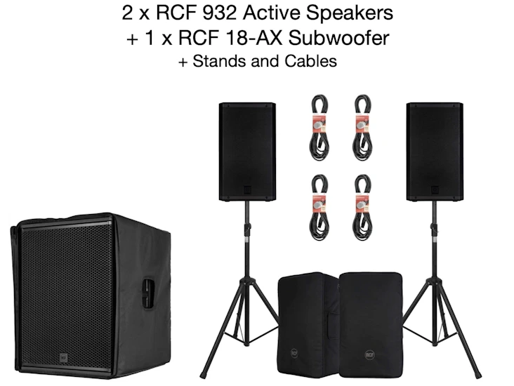 2 x rcf 932 12 inch speakers + 1 x rcf sub 18-ac 18 inch subwoofer bundle + speaker stands & cables