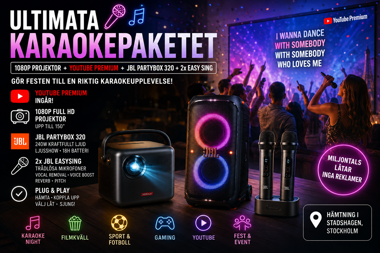 Komplett karaokepaket | projektor, jbl högtalare, 2 mikrofoner & youtube premium