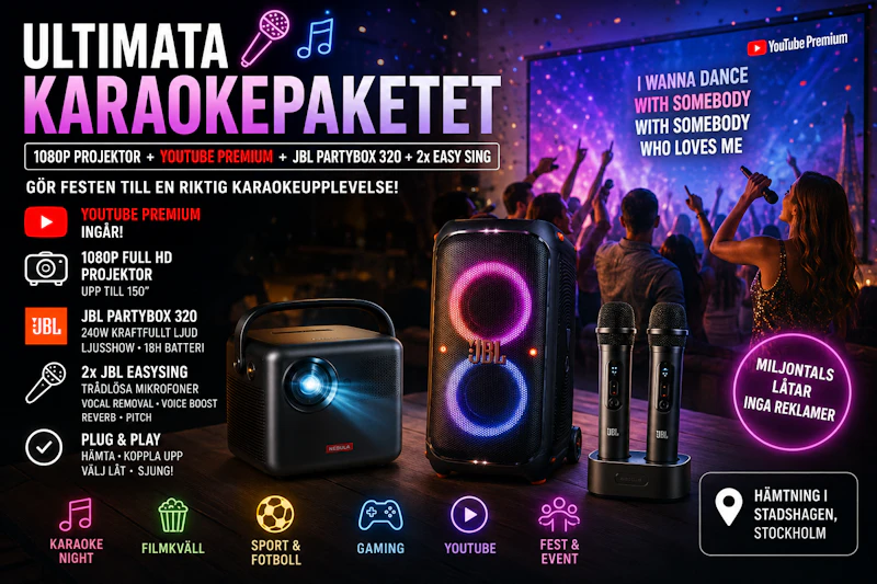 Komplett karaokepaket – projektor, JBL, 2 mikrofoner & YouTube Premium